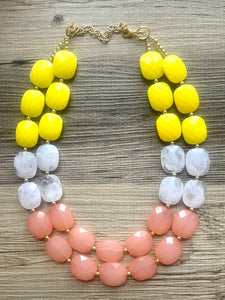 Sunshine & Sunsets Chunky Statement Necklace, coral white yellow beaded necklace, jewelry multi strand necklace pink peach