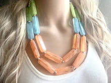 Load image into Gallery viewer, Green Orange Blue Statement Necklace, chunky bib beaded jewelry, orange sky blue color block necklace, beaded acrylic tube jewelry