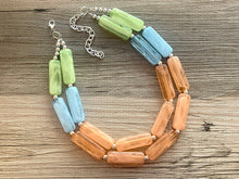 Load image into Gallery viewer, Green Orange Blue Statement Necklace, chunky bib beaded jewelry, orange sky blue color block necklace, beaded acrylic tube jewelry