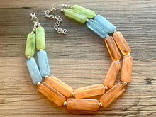 Load image into Gallery viewer, Green Orange Blue Statement Necklace, chunky bib beaded jewelry, orange sky blue color block necklace, beaded acrylic tube jewelry