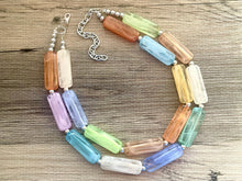 Load image into Gallery viewer, Rainbow Statement Necklace, chunky bib beaded jewelry, orange sky blue color block necklace, purple beaded acrylic tube jewelry