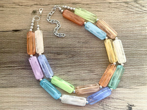 Rainbow Statement Necklace, chunky bib beaded jewelry, orange sky blue color block necklace, purple beaded acrylic tube jewelry