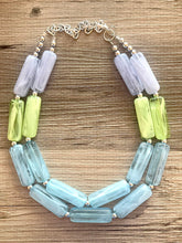 Load image into Gallery viewer, Periwinkle Green Blue Statement Necklace, chunky bib beaded jewelry, sky blue color block necklace, beaded acrylic tube jewelry lime