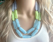 Load image into Gallery viewer, Periwinkle Green Blue Statement Necklace, chunky bib beaded jewelry, sky blue color block necklace, beaded acrylic tube jewelry lime