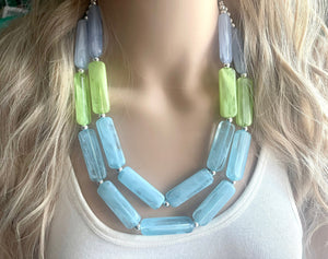 Periwinkle Green Blue Statement Necklace, chunky bib beaded jewelry, sky blue color block necklace, beaded acrylic tube jewelry lime