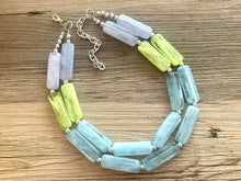 Load image into Gallery viewer, Periwinkle Green Blue Statement Necklace, chunky bib beaded jewelry, sky blue color block necklace, beaded acrylic tube jewelry lime