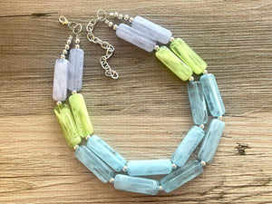 Periwinkle Green Blue Statement Necklace, chunky bib beaded jewelry, sky blue color block necklace, beaded acrylic tube jewelry lime