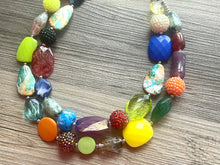 Load image into Gallery viewer, Tokyo Square Rainbow chunky necklace, Wanderlust Collection beaded jewelry, resin beaded Gray necklace, red yellow gray blue turquoise black