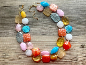 Barcelona Mosaic chunky necklace, Wanderlust Collection beaded jewelry, resin beaded Ombré necklace, purple pink blue gold resin