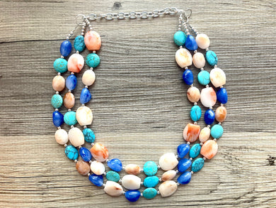 Beachfront Necklace, Triple strand bright jewelry, big beaded chunky statement, summer necklace, cream coral blue turquoise