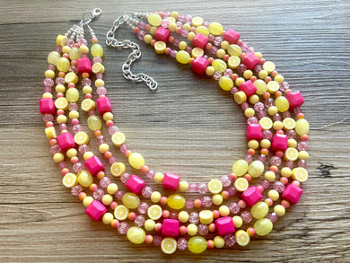 5 Strand Raspberry Lemonade Chunky Statement Necklace + earrings, yellow pink beaded necklace, colorful jewelry lemon