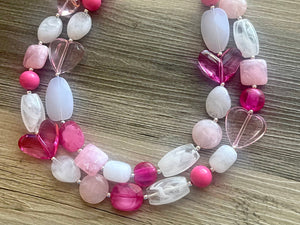 Pink & White Rosie Chunky Statement Necklace, Big beaded jewelry, Double Strand Statement Necklace, bib white necklace, pink white jewelry