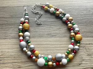 Christmas Necklace, Red Green white silver gold Holiday Christmas Jewelry, Red Green Jewelry Beaded Christmas Gift Christmas Present