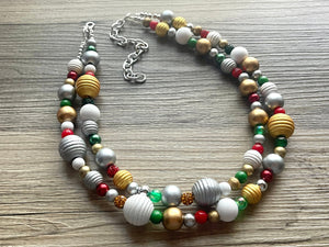 Christmas Necklace, Red Green white silver gold Holiday Christmas Jewelry, Red Green Jewelry Beaded Christmas Gift Christmas Present