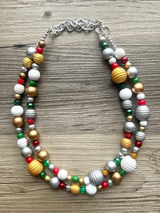 Christmas Necklace, Red Green white silver gold Holiday Christmas Jewelry, Red Green Jewelry Beaded Christmas Gift Christmas Present