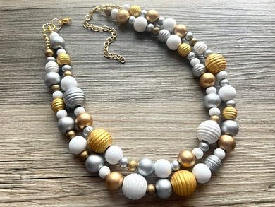 Black Silver & Resin Chunky Statement Necklace Double Strand Beaded jewelry, bridesmaid bib wedding shimmer bubble necklace