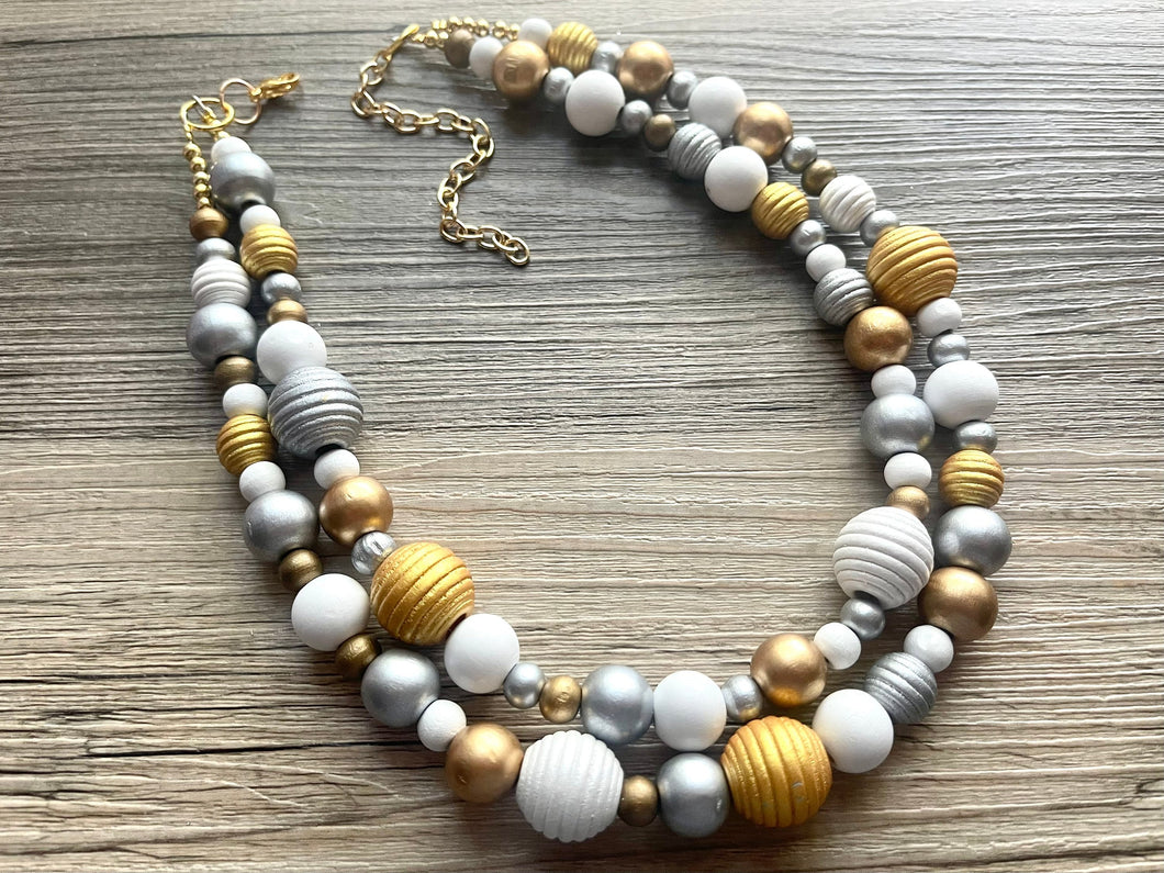 Black Silver & Resin Chunky Statement Necklace Double Strand Beaded jewelry, bridesmaid bib wedding shimmer bubble necklace