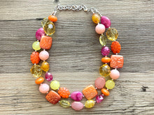 Load image into Gallery viewer, French Pastel chunky necklace, Wanderlust Collection beaded jewelry, resin beaded Pink necklace, pink coral peach orange yellow necklace