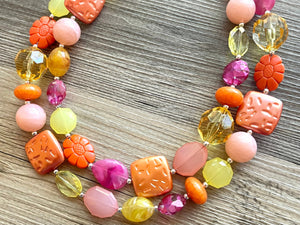 French Pastel chunky necklace, Wanderlust Collection beaded jewelry, resin beaded Pink necklace, pink coral peach orange yellow necklace