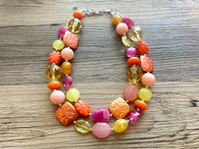 Load image into Gallery viewer, French Pastel chunky necklace, Wanderlust Collection beaded jewelry, resin beaded Pink necklace, pink coral peach orange yellow necklace