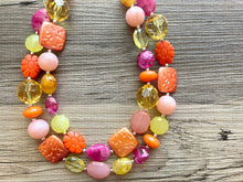 Load image into Gallery viewer, French Pastel chunky necklace, Wanderlust Collection beaded jewelry, resin beaded Pink necklace, pink coral peach orange yellow necklace