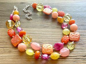 French Pastel chunky necklace, Wanderlust Collection beaded jewelry, resin beaded Pink necklace, pink coral peach orange yellow necklace