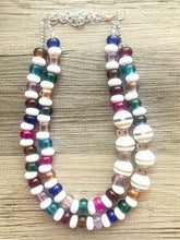 Load image into Gallery viewer, Multi-Color Rainbow Silver Necklace, Sprinkle Shower Chunky Statement Necklace Happy Bright Summer Jewelry, big beaded jewelry