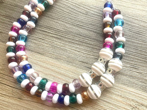 Multi-Color Rainbow Silver Necklace, Sprinkle Shower Chunky Statement Necklace Happy Bright Summer Jewelry, big beaded jewelry