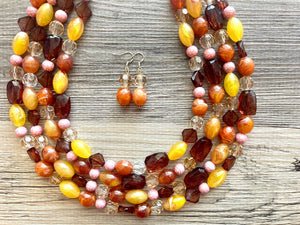 Auckland in Fall chunky necklace, Wanderlust Collection beaded jewelry, resin beaded Ombré necklace pink red yellow orange brown