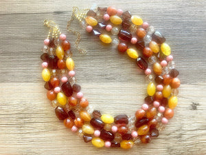 Auckland in Fall chunky necklace, Wanderlust Collection beaded jewelry, resin beaded Ombré necklace pink red yellow orange brown