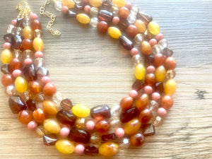 Auckland in Fall chunky necklace, Wanderlust Collection beaded jewelry, resin beaded Ombré necklace pink red yellow orange brown