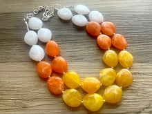 Load image into Gallery viewer, Candy Corn Statement Necklace, chunky bib beaded jewelry, Halloween jewelry white yellow orange necklace, beaded acrylic jewelry