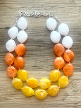 Load image into Gallery viewer, Candy Corn Statement Necklace, chunky bib beaded jewelry, Halloween jewelry white yellow orange necklace, beaded acrylic jewelry