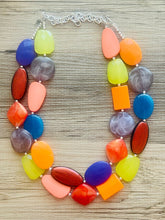 Load image into Gallery viewer, Toronto Nights chunky necklace, Wanderlust Collection beaded jewelry, resin beaded Gray necklace, red yellow purple Canada necklace