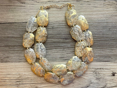 Golden Crackle Necklace, Double strand bright jewelry, big beaded chunky statement, summer necklace, resin white clear gold white painted