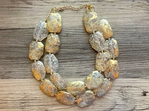 Golden Crackle Necklace, Double strand bright jewelry, big beaded chunky statement, summer necklace, resin white clear gold white painted