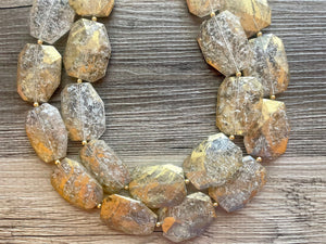 Golden Crackle Necklace, Double strand bright jewelry, big beaded chunky statement, summer necklace, resin white clear gold white painted