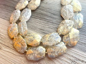 Golden Crackle Necklace, Double strand bright jewelry, big beaded chunky statement, summer necklace, resin white clear gold white painted