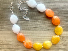 Load image into Gallery viewer, Candy Corn Statement Necklace, single chunky bib beaded jewelry, Halloween jewelry white yellow orange necklace, beaded acrylic jewelry