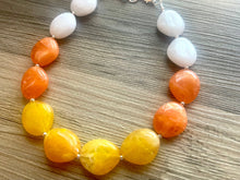 Load image into Gallery viewer, Candy Corn Statement Necklace, single chunky bib beaded jewelry, Halloween jewelry white yellow orange necklace, beaded acrylic jewelry