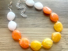 Load image into Gallery viewer, Candy Corn Statement Necklace, single chunky bib beaded jewelry, Halloween jewelry white yellow orange necklace, beaded acrylic jewelry