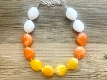 Load image into Gallery viewer, Candy Corn Statement Necklace, single chunky bib beaded jewelry, Halloween jewelry white yellow orange necklace, beaded acrylic jewelry