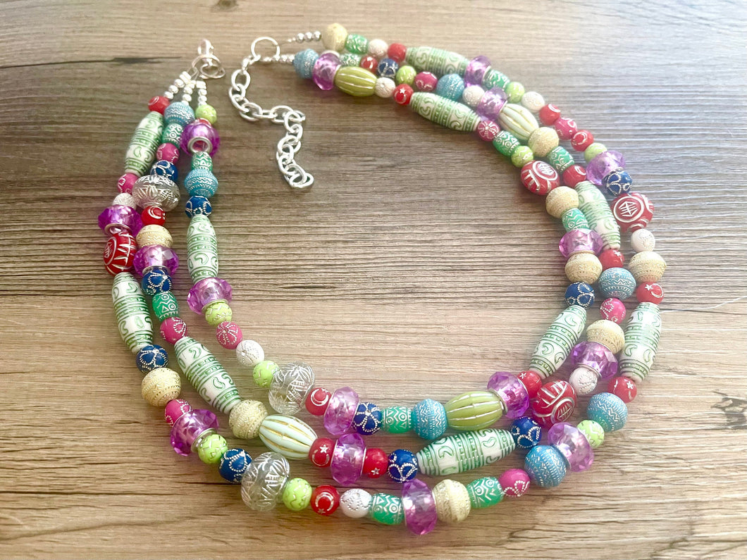 Rainbow Metallic Etched Statement Necklace, chunky multi-strand jewelry, yellow pink colorful necklace, silver jewelry, neon jewelry