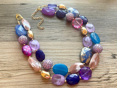 Bora Bora chunky necklace, Wanderlust Collection beaded jewelry, resin beaded Navy necklace, purple pink periwinkle blue lavender