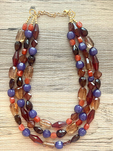 Hay Ride in Fall Necklace, Triple strand eggplant purple cranberry jewelry, Halloween pumpkin chunky big bead statement necklace