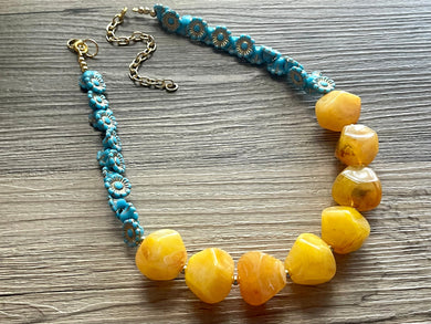 Blue & Yellow Daisy Chain Statement Necklace, chunky necklace jewelry, flower necklace, gold jewelry aqua blue double strand nugget marigold