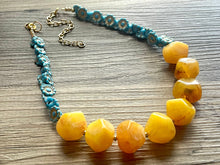 Load image into Gallery viewer, Blue &amp; Yellow Daisy Chain Statement Necklace, chunky necklace jewelry, flower necklace, gold jewelry aqua blue double strand nugget marigold