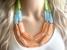 Load image into Gallery viewer, Green Orange Blue Statement Necklace, chunky bib beaded jewelry, orange sky blue color block necklace, beaded acrylic tube jewelry