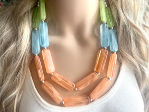 Green Orange Blue Statement Necklace, chunky bib beaded jewelry, orange sky blue color block necklace, beaded acrylic tube jewelry