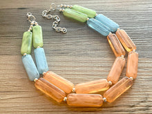 Load image into Gallery viewer, Green Orange Blue Statement Necklace, chunky bib beaded jewelry, orange sky blue color block necklace, beaded acrylic tube jewelry